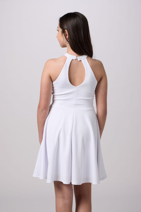Skater Halter Dress in Longer Length in white.