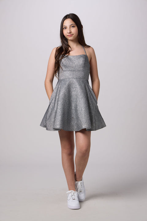 Petite Junior Fit and Flare Glitter Dress 6 / Gray Petite Junior Fit and Flare Glitter Dress 6 / Gray