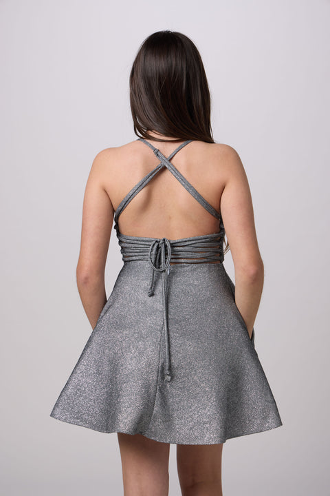 Petite Junior Fit and Flare Glitter Dress in grey.