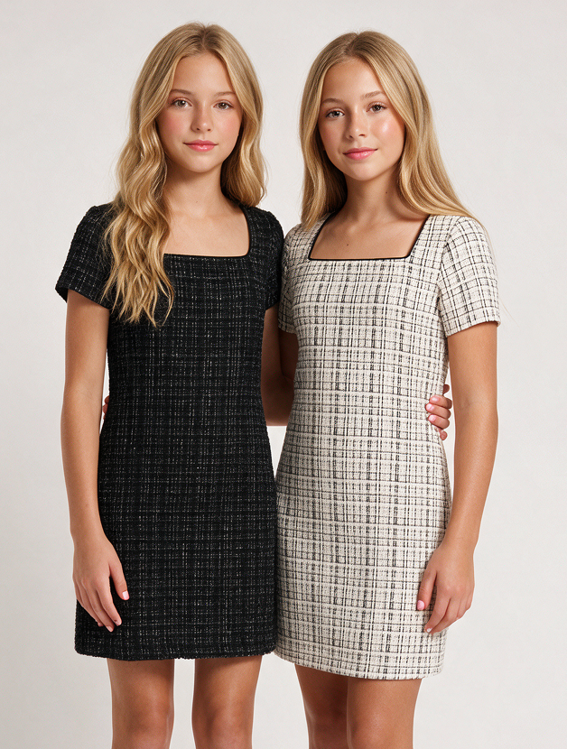 Two young women modeling short dress dresses against a plain light gray studio background. The woman on the left wears a black textured dress with a square neckline and short sleeves.