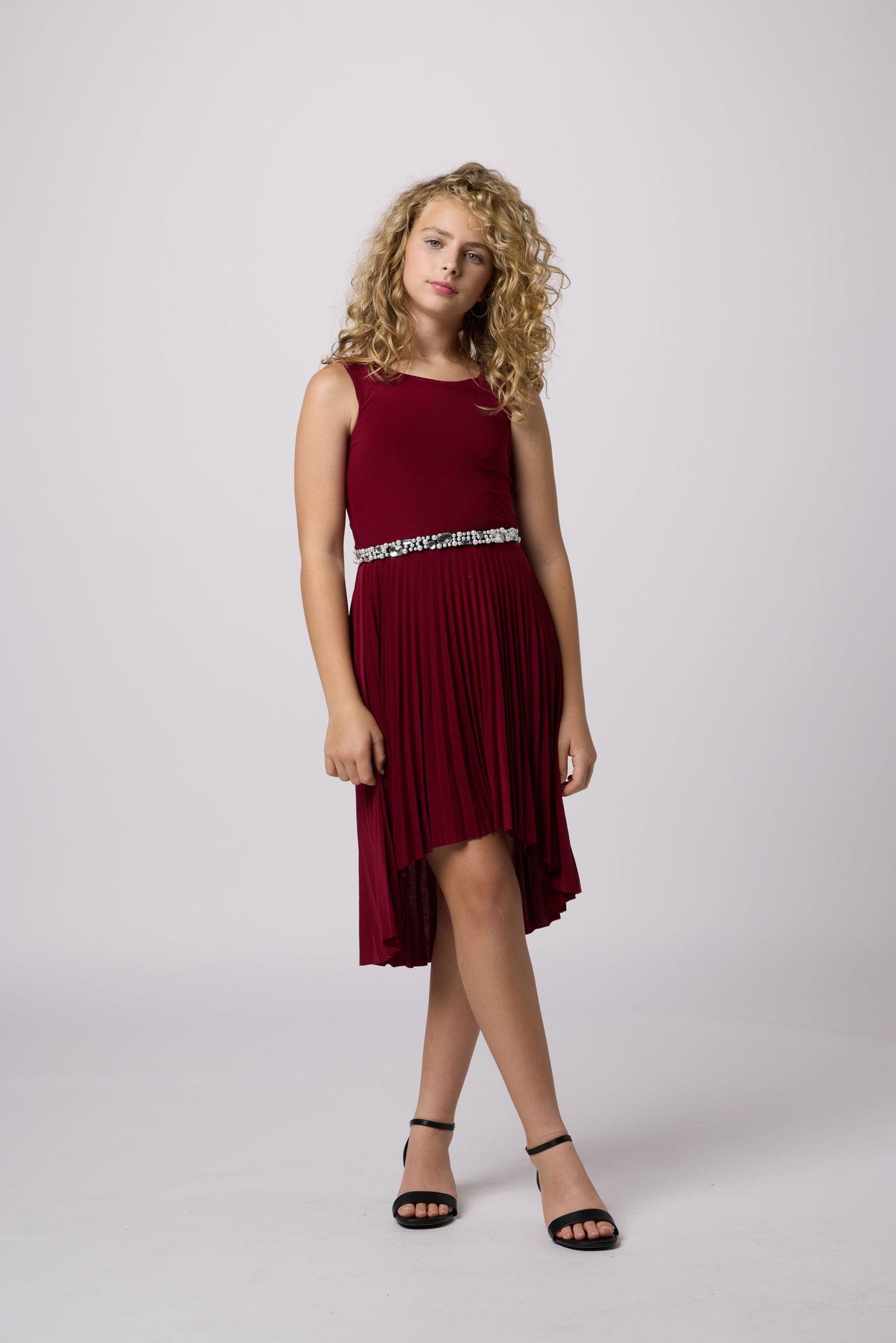 Un Deux Trois T2878K pleated high low dress – burgundy