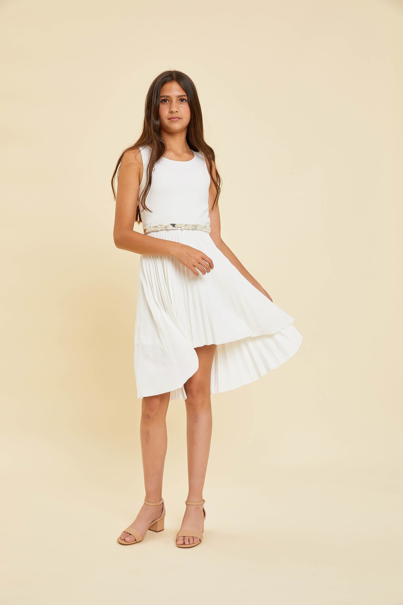 Un Deux Trois T2878K pleated high low dress – ivory
