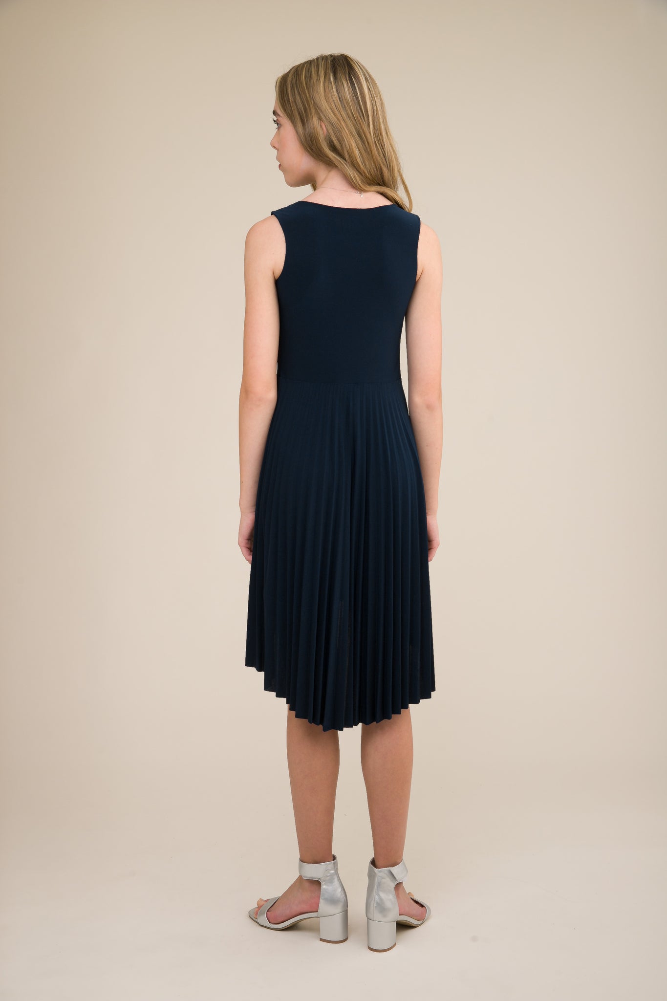 Un Deux Trois T2878K pleated high low dress – navy