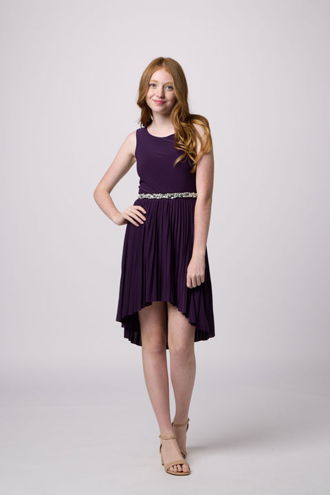 Un Deux Trois T2878K pleated high low dress – plum