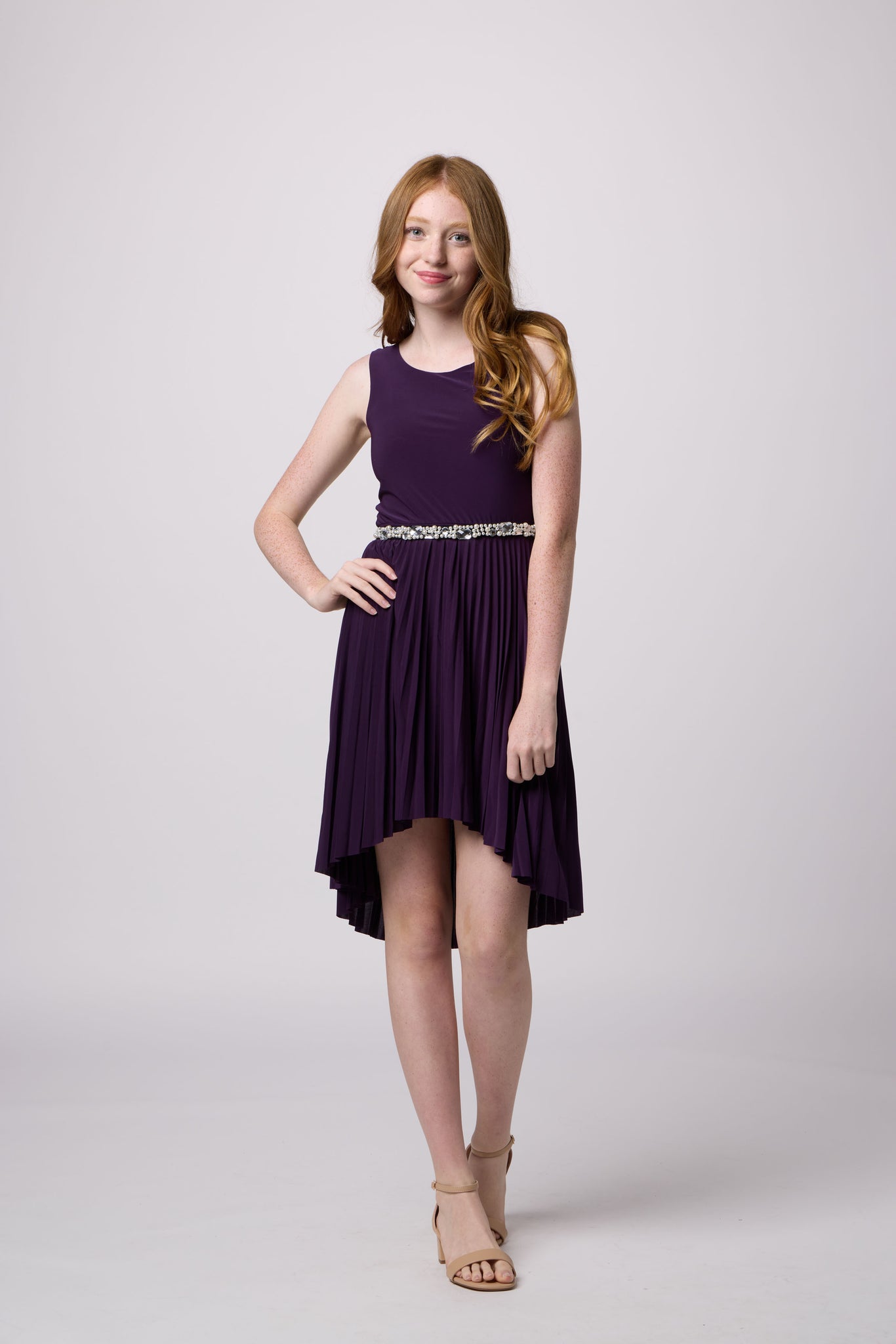 Un Deux Trois T2878K pleated high low dress – plum