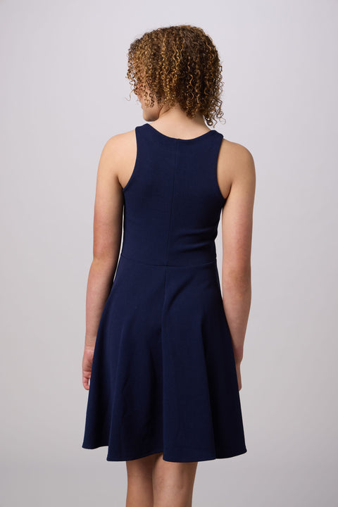 Textured Racerback Dress in Longer Length in navy.