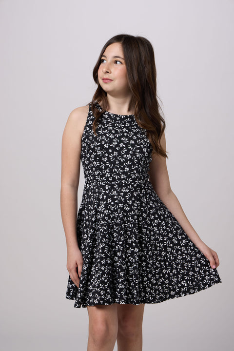 Printed Textured Racerback Dress in Longer Length in black and white.