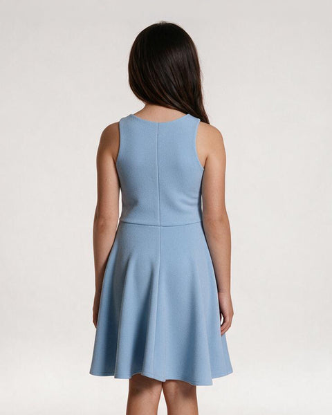 A sleeveless light blue fit-and-flare dress shown from the back on a model, featuring a straight neckline, a seam down the center back, and a flared skirt, set against a plain light gray studio background.
