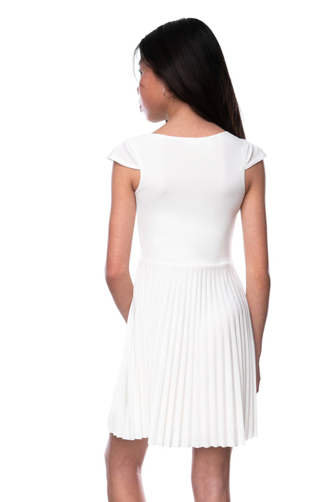 Un Deux Trois T3805K cap sleeve pleated dress – ivory
