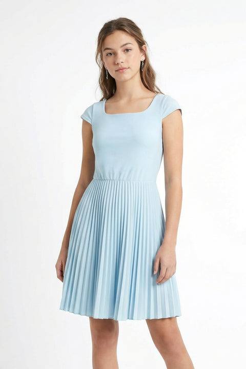 Un Deux Trois T3805K cap sleeve pleated dress – light blue