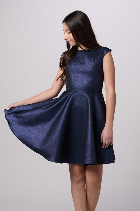 Un Deux Trois T3886K cap sleeve boat neck dress in longer length – navy glitter.
