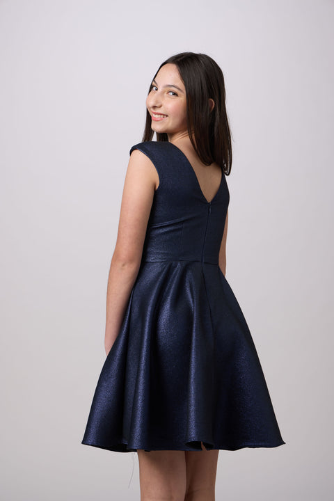 Un Deux Trois T3886K cap sleeve boat neck dress in longer length – navy glitter.