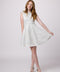 Un Deux Trois T3886K cap sleeve boat neck dress in longer length –silver.
