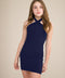 Criss-Cross Mini Halter Dress in navy.