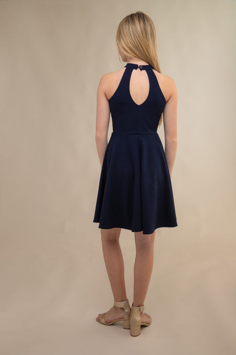 Skater Halter Dress in Longer Length in blue.