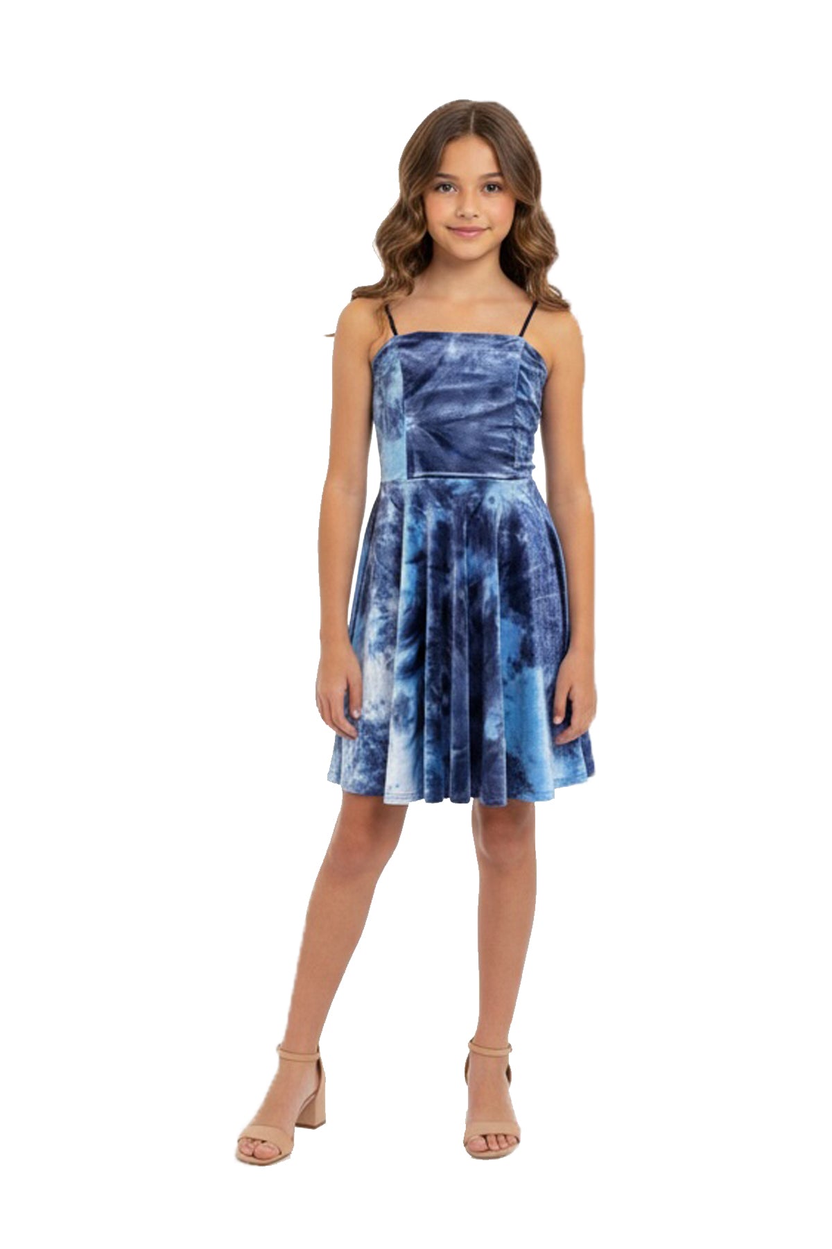 Un Deux Trois V5121 velvet fit and flare dress in longer length – blue