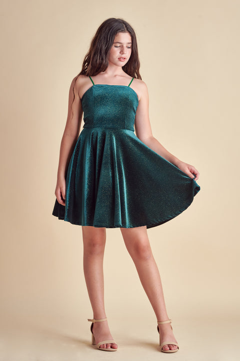 Un Deux Trois V5121 velvet fit and flare dress in longer length – green