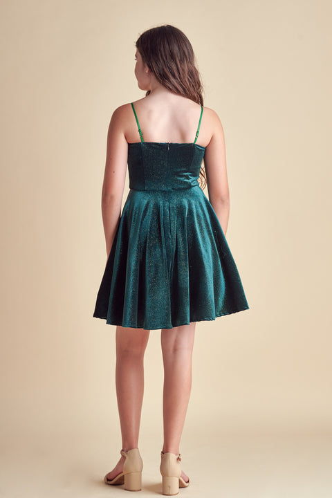 Un Deux Trois V5121 velvet fit and flare dress in longer length – green