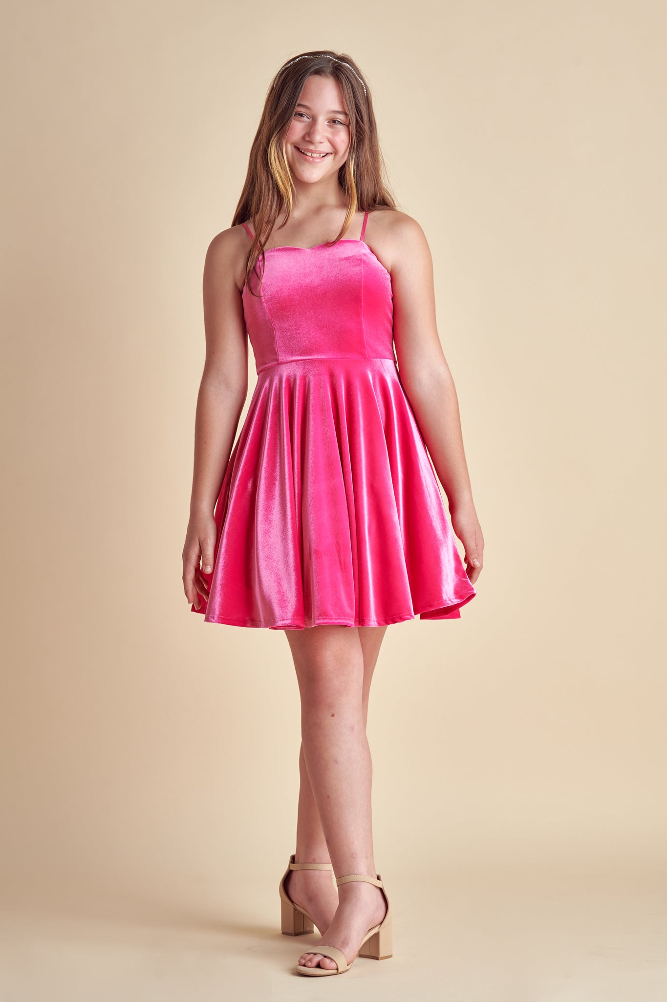 Un Deux Trois V5121 velvet fit and flare dress in longer length – fuchsia