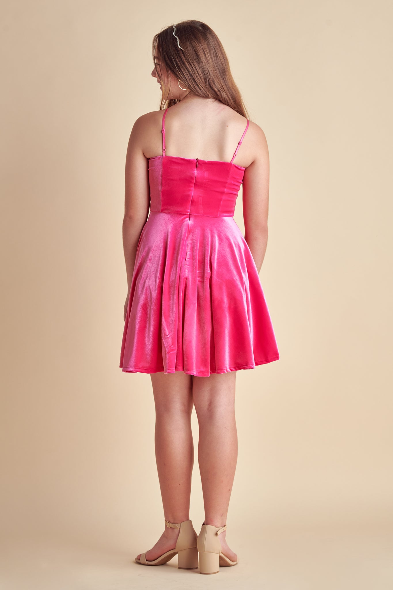 Un Deux Trois V5121 velvet fit and flare dress in longer length – fuchsia