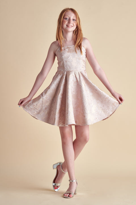 Un Deux Trois K5096 fit and flare party dress in longer length – rose gold