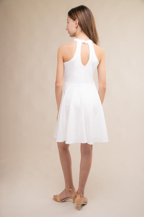 Skater Halter Dress in Longer Length in ivory.