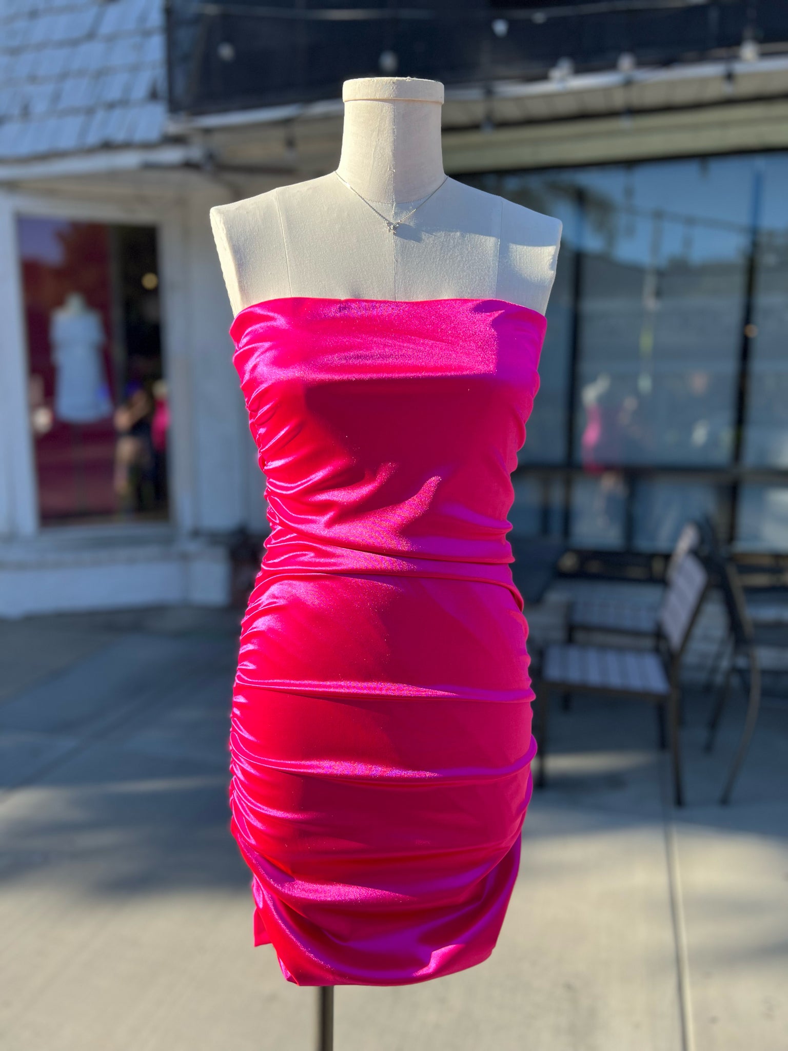 strapless hot pink ruched dress in satin.