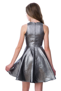 Back of black and silver metallic jacquard racerback dress in longer length featuring a high neckline, high waist detailing and full circle skirt. This dress can be worn with a sports bra as the back covers most of the back.
