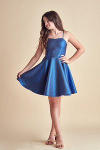 This is an all over non-stretch, glitter fabric dress made in a longer length in cobalt blue. It hits right above the knee and features a full circle skirt.