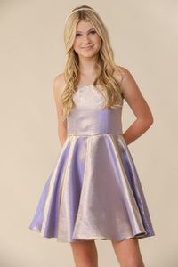 This is an all over soft, lilac glitter jacquard dress with high waist line, zipper back, and adjustable straps for comfort. Hits above the knee and is a perfect dress for any special occasion.