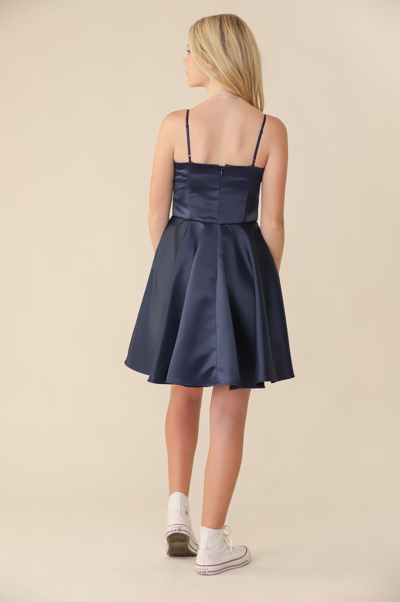 Fit and Flare Navy Satin Party Dress in Longer Length