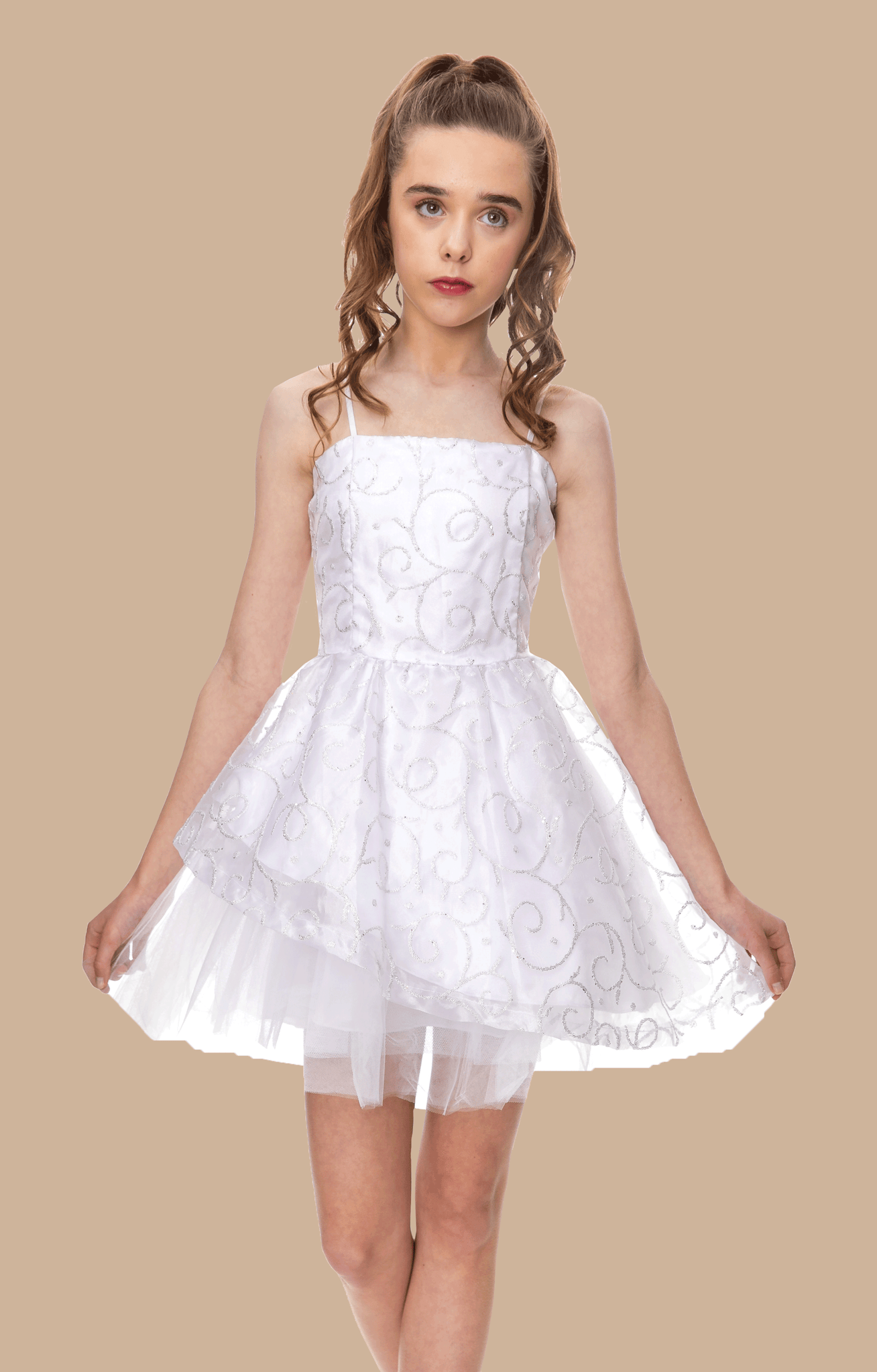 Blonde girl in a white fit and flare dress with tulle skirt,